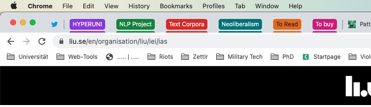 My Twitter is a pinned tab, next to several tab groups